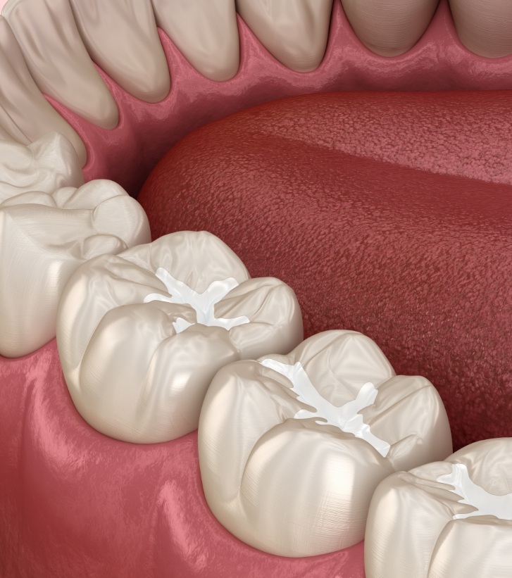 Illustrated row of teeth with dental sealants