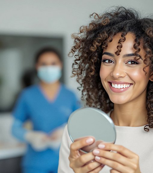 Happy, smiling patient holding hand mirror
