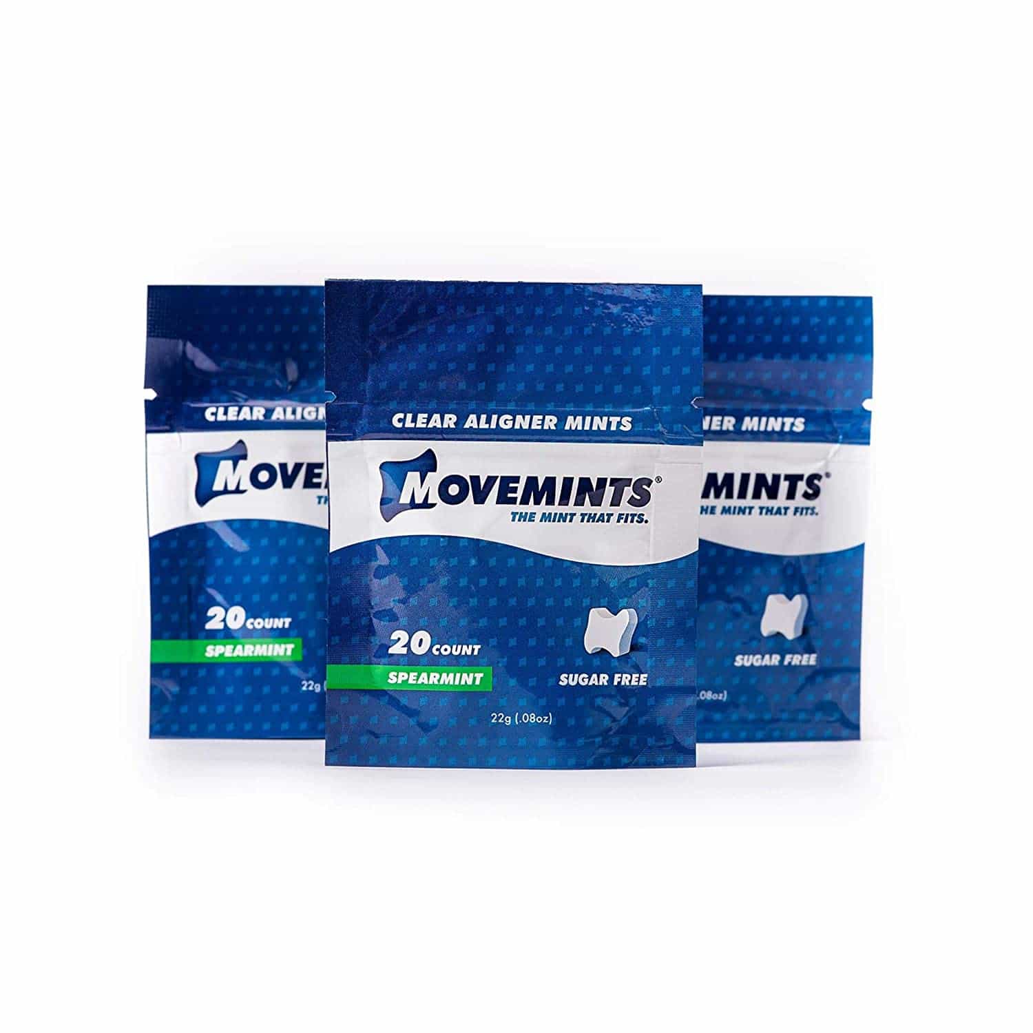 Three packages of Movemints clear aligner mints