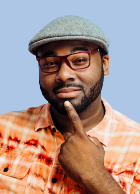 Man in golf cap holding finger to his chin